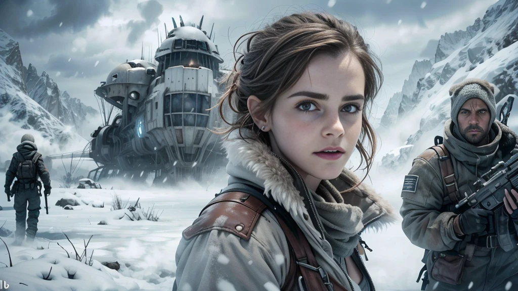 (Emma watson, detailed, 8k, photorealistic, cinematic lighting, dramatic lighting, half body shot), (apocalyptic,snowy winter landscape), (beautiful young woman, 23 years old, gorgeous european features,cleavage, short messy brown hair, intense gaze, elegant pose), (giant futuristic spacecraft,high-tech shuttle,cold icy environment),