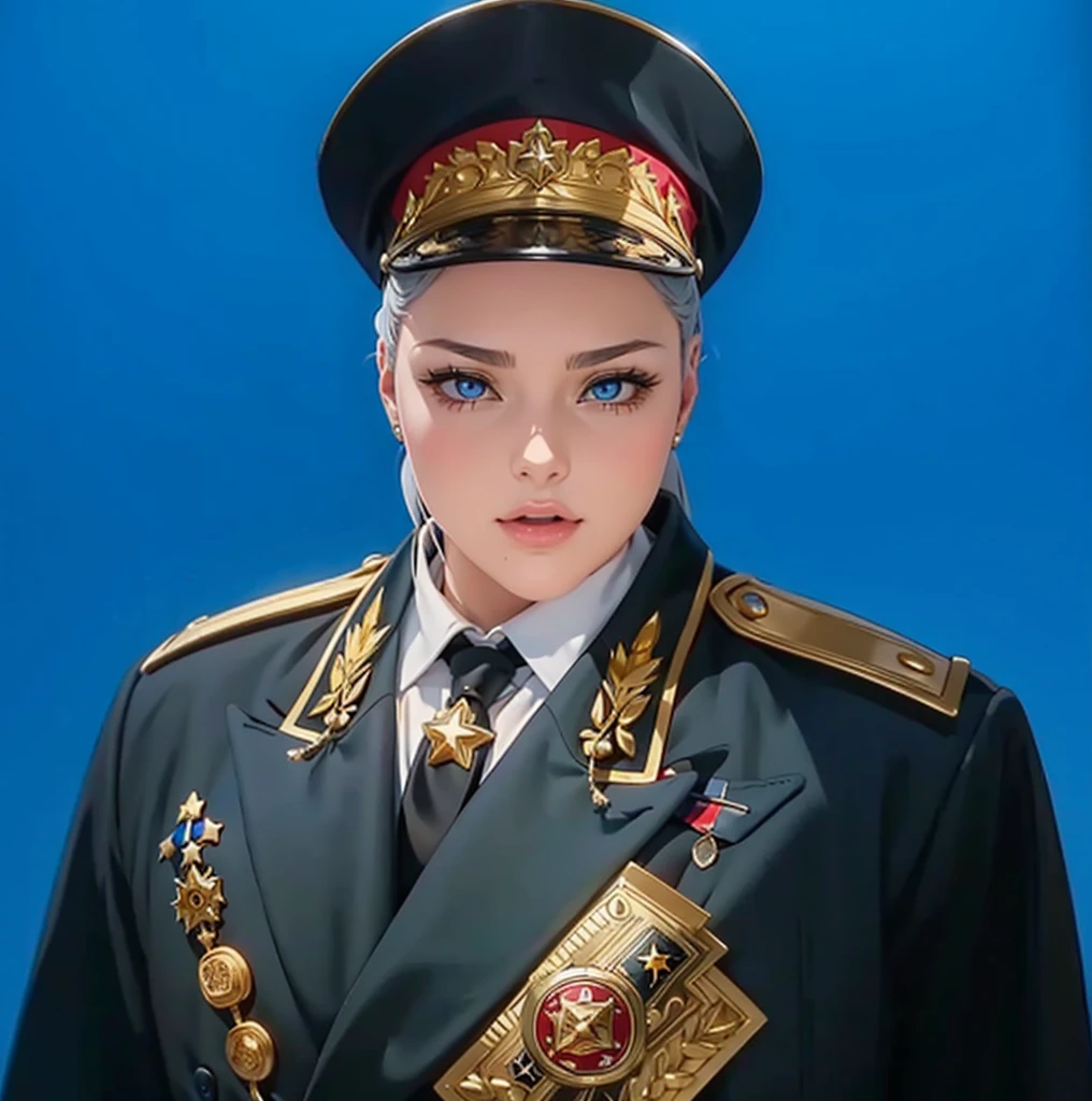 (exceptional, best aesthetic, new, newest, best quality, anime, waifu:1.2), master piece, best quality, absurdres, highres, good anatomy, pretty face, ultra detailed, (1girl:1.3), colored, 1 girl, female, blue eyes, grey hair, peak cap with red and gold part, coat, golden shoulder piece, array of medals, inside white shirt, black tie, star badge on the tie,
