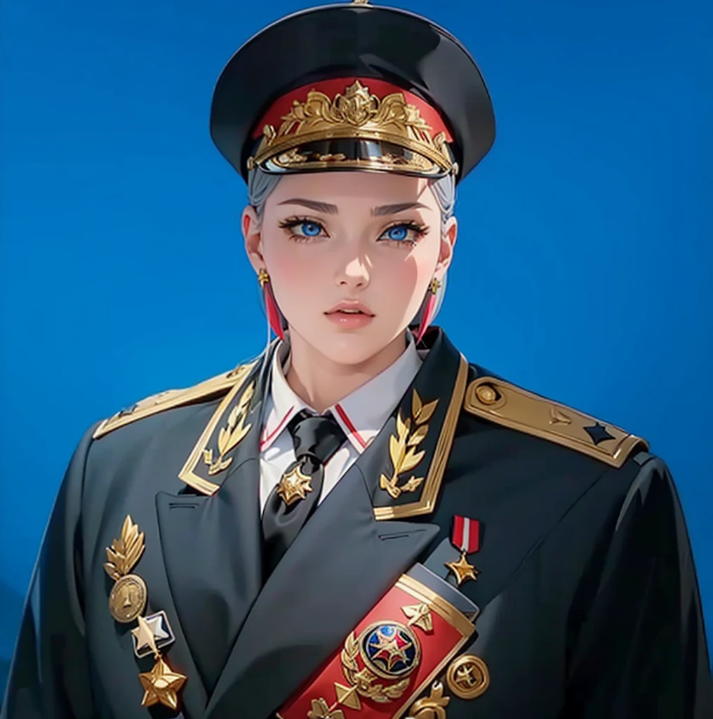 (exceptional, best aesthetic, new, newest, best quality, anime, waifu:1.2), master piece, best quality, absurdres, highres, good anatomy, pretty face, ultra detailed, (1girl:1.3), colored, 1 girl, female, blue eyes, grey hair, peak cap with red and gold part, coat, golden shoulder piece, array of medals, inside white shirt, black tie, star badge on the tie,