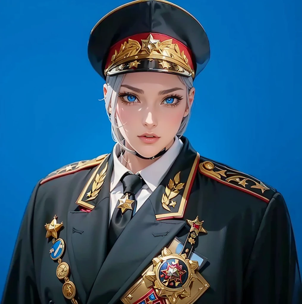 (exceptional, best aesthetic, new, newest, best quality, anime, waifu:1.2), master piece, best quality, absurdres, highres, good anatomy, pretty face, ultra detailed, (1girl:1.3), colored, 1 girl, female, blue eyes, grey hair, peak cap with red and gold part, coat, golden shoulder piece, array of medals, inside white shirt, black tie, star badge on the tie,