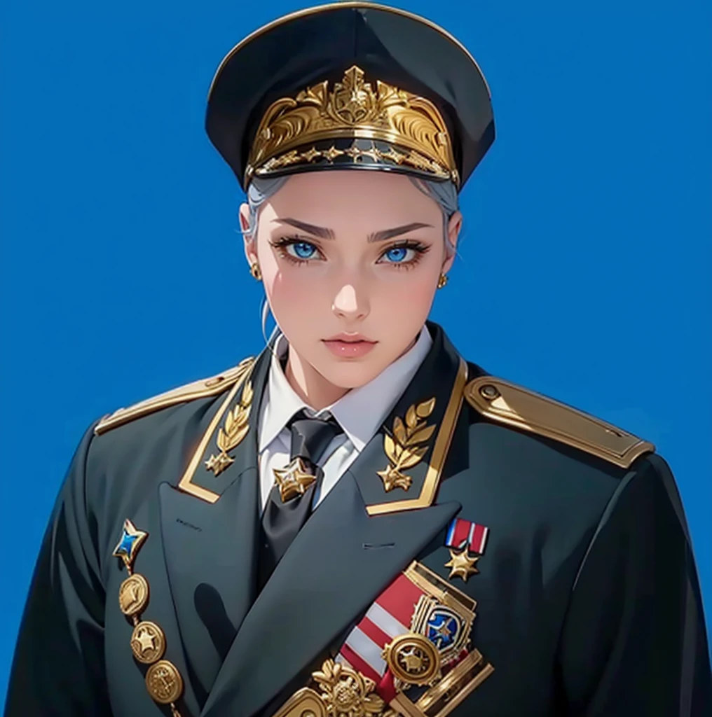 (exceptional, best aesthetic, new, newest, best quality, anime, waifu:1.2), master piece, best quality, absurdres, highres, good anatomy, pretty face, ultra detailed, (1girl:1.3), colored, 1 girl, female, blue eyes, grey hair, peak cap with red and gold part, coat, golden shoulder piece, array of medals, inside white shirt, black tie, star badge on the tie,