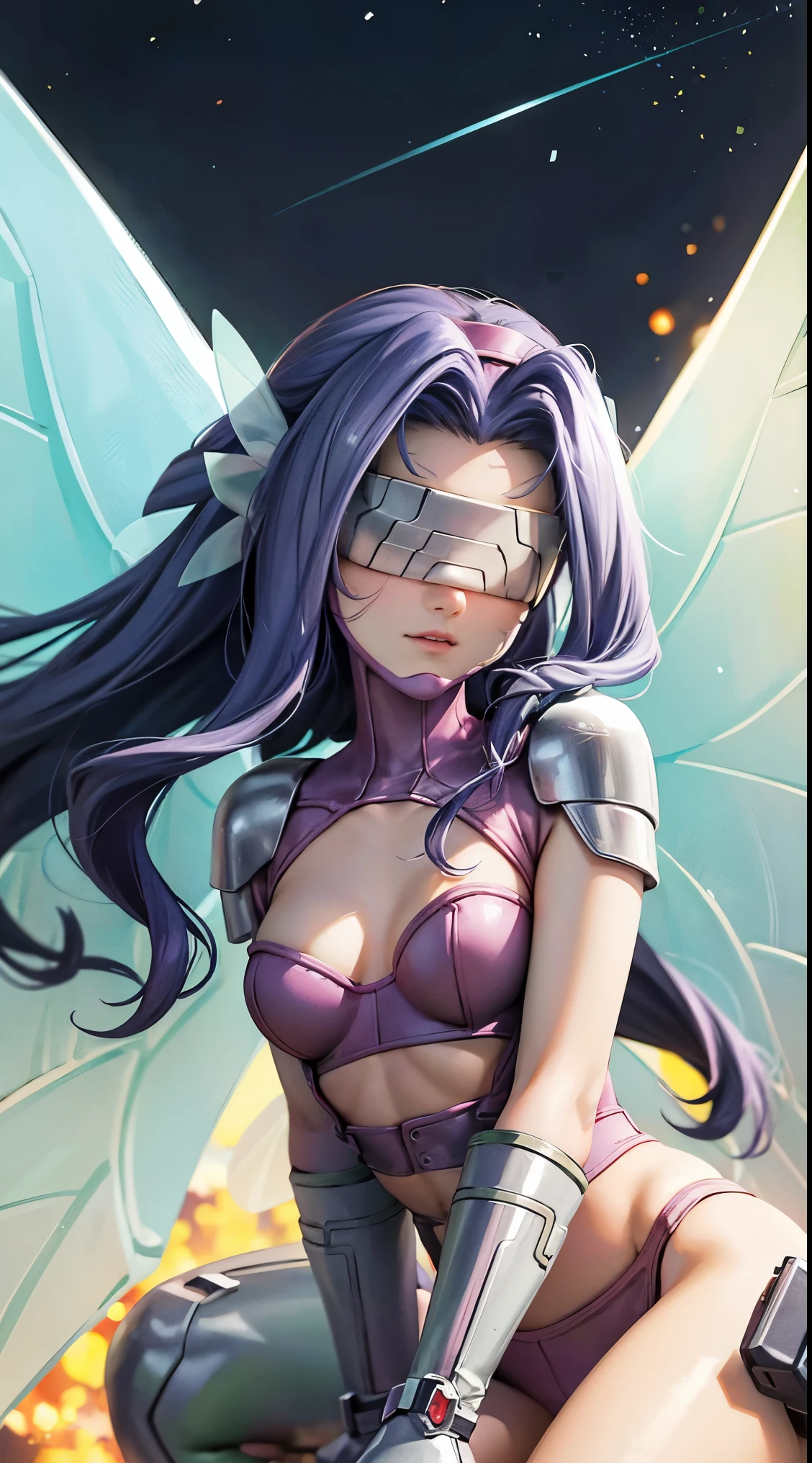 (best quality,4k,8k,highres,masterpiece:1.2),ultra-detailed,realistic,elegant,fairimon,kazemon,blindfolded,beautiful detailed eyes,detailed lips,extremely detailed eyes and face,beautiful girl with fair skin, flowing hair, colorful wings,airy dress with intricate patterns,vivid colors,intricate details in the background,(small, (flat:1), small, slim), portrait, , intense battle scenes, detailed character designs, dynamic and energetic poses, vibrant colors, realistic rendering, high-res illustrations, sci-fi aesthetic, , dramatic lighting, sparks and energy effects, fanservice elements tastefully incorporated, expressive facial expressions, action-packed scenes with fast-paced movements, stunning visual effects, darker and edgier tone, mature storytelling. Big sexy breast, All body