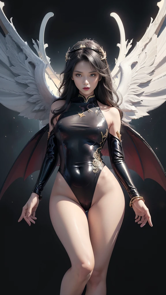 (Realistic picture, highest resolution, 16ก), (A demon god with wide wings and enormous power on his shoulders..., Twelve wings on the shoulders., black bat wings:1.3 white angel wings:1.5), 6 angel wings, 6 devil wings, (Beautiful girl with two meter long hair, shiny black hairงาม, Smooth white skin, Lips are very red.), ((stand, already)), (big breasts, หัวBig tits), (gigantic breast, breast augmentation, Breast 400 cc., small waist, hips raised, small thighs, Long legs), (dynamic poses), (black and white leotard, There are beautiful patterns., Decorated with gold embroidery., Show off your chest), Separate theme, (Angel wings and devil wings), floating in the air above the groundดิน, background darkness, Embraced with twelve wings, wearing a large king crown, crown shining bright, wears little armor, There is power coming out of the body., sparkling wings, white light black light, amazing wings, beautiful gesture, 8K resolution, Resolution 4000 x 2250 pixels, beautiful gesture, Angel wings and devil wings, (Realistic picture, highest resolution, 16K), (A demon god with wide wings and enormous power on his shoulders.., Twelve wings on the shoulders., black bat wings:1.3 white angel wings:1.5), Have wings 100 Have wings 1000, Angel wings and bat wings, wings inserted between wings, 12 wings, 6 angel wings, 6 bat wings, (Beautiful girl with two meter long hair, shiny black hair, Smooth white skin, Lips are very red.), very long hair, ((stand, toe)), (big breastsโต, หัวBig tits), (gigantic breast, small waist, hips raised, small thighs, Long legs), (dynamic poses), Separate theme, (Angel Wings and Demon Lord Wings), floating in the air above the ground, background darkness, Embraced with twelve wings, white and black light crown, A rainbow glow on the back of the head, The most busty breasts, Big tits, universe backdrop