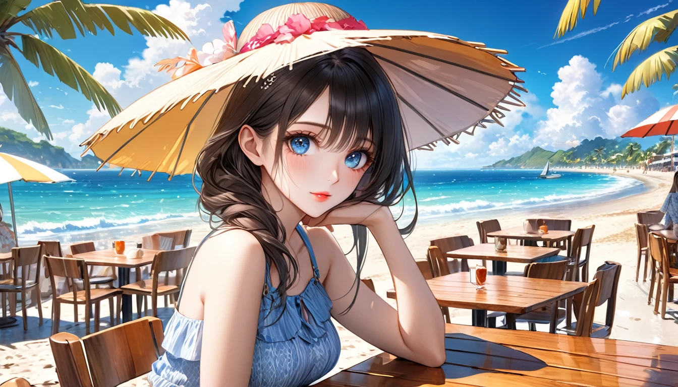 beautiful detailed eyes, beautiful detailed lips, extremely detailed eyes and face, long eyelashes, 1girl, sitting in a seaside cafe, summer day, tropical beach, sunny day, colorful umbrellas, wooden tables and chairs, ocean waves, palm trees, blue sky, fluffy clouds, (best quality,4k,8k,highres,masterpiece:1.2),ultra-detailed,(realistic,photorealistic,photo-realistic:1.37),anime style, vibrant colors, warm lighting, soft focus,very long shot
