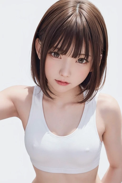 Highest quality, Realistic, 8k, High resolution, One girl, woman, (Skin Dentition), (Portraiture:0.6), nice, ((White Background, Sports tank top, Small breasts:1.72)), ((Short Straight Hair, Parted bangs:1.7)), View your viewers,  (One girl eyes View your viewers:1.6), Realistic, (Bokeh), (smile, Mouth closed:1.3), nice,  Pure Eros Face_v1:1, 