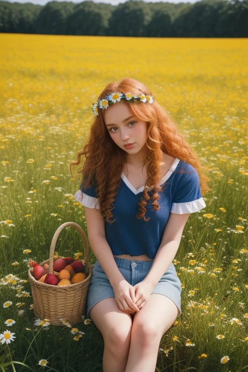 (girl:1.2),alone, (long ginger curly hair:1.1), brown eyes, Wearing a daisy wreath on your head, Sit in a daisy field, (fruit basket:1.1), blue shorts, red shirt,,raw,photographic,photo shadows,actual,Ridiculous,Aesthetic,elegant