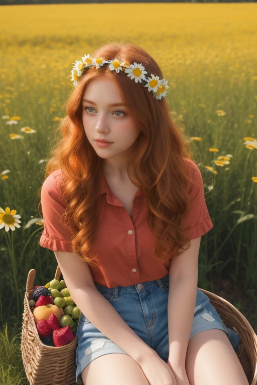 (girl:1.2),alone, (long ginger curly hair:1.1), brown eyes, Wearing a daisy wreath on your head, Sit in a daisy field, (fruit basket:1.1), blue shorts, red shirt,,raw,photographic,photo shadows,actual,Ridiculous,Aesthetic,elegant
