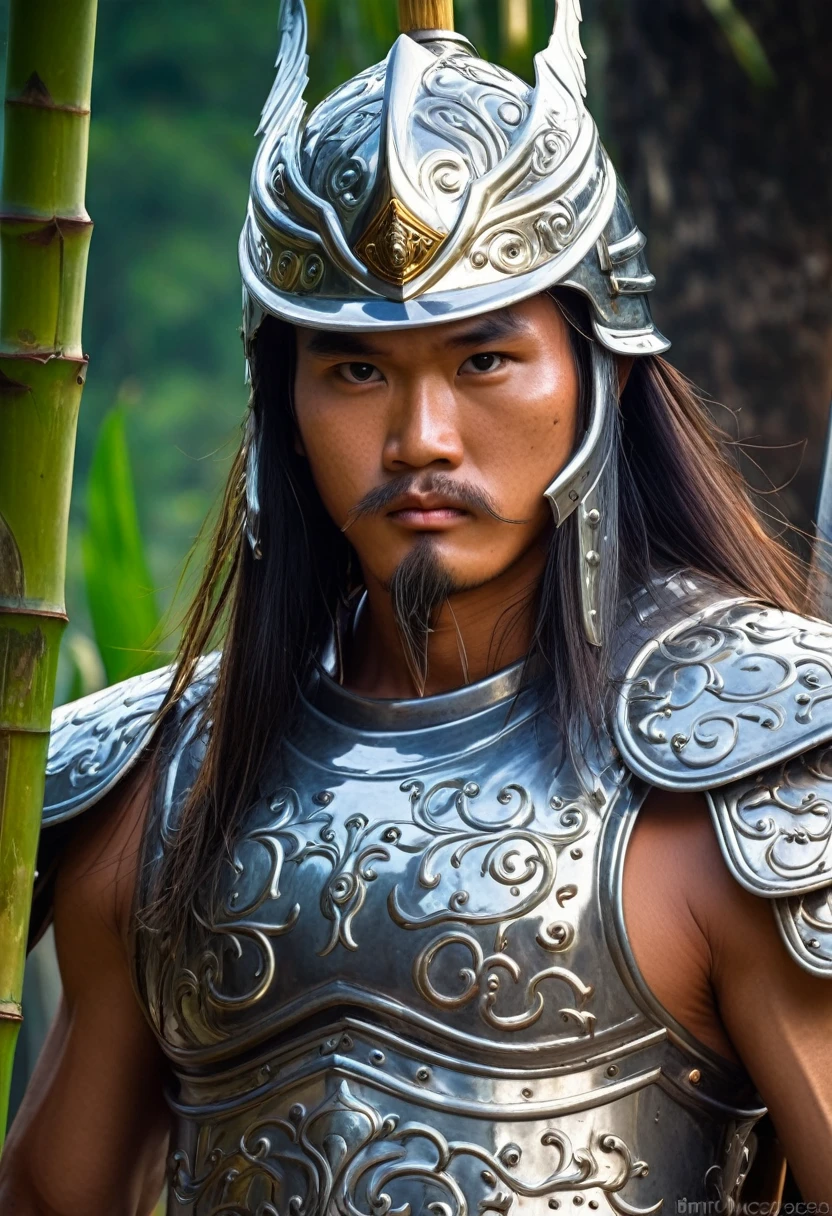 Panoramic photo of the immortal warrior in Vietnamese mythology - Saint Giong - 18 years old. Saint Giong is a giant, majestic and imposing, with rippling muscles, bright eyes, long hair, goatee and wearing a shiny armor, a strong iron helmet. Holding a cluster of old ivory bamboo like a cluster of violent weapons. Iron horse. Invincible warrior, horse posture flying into the sky