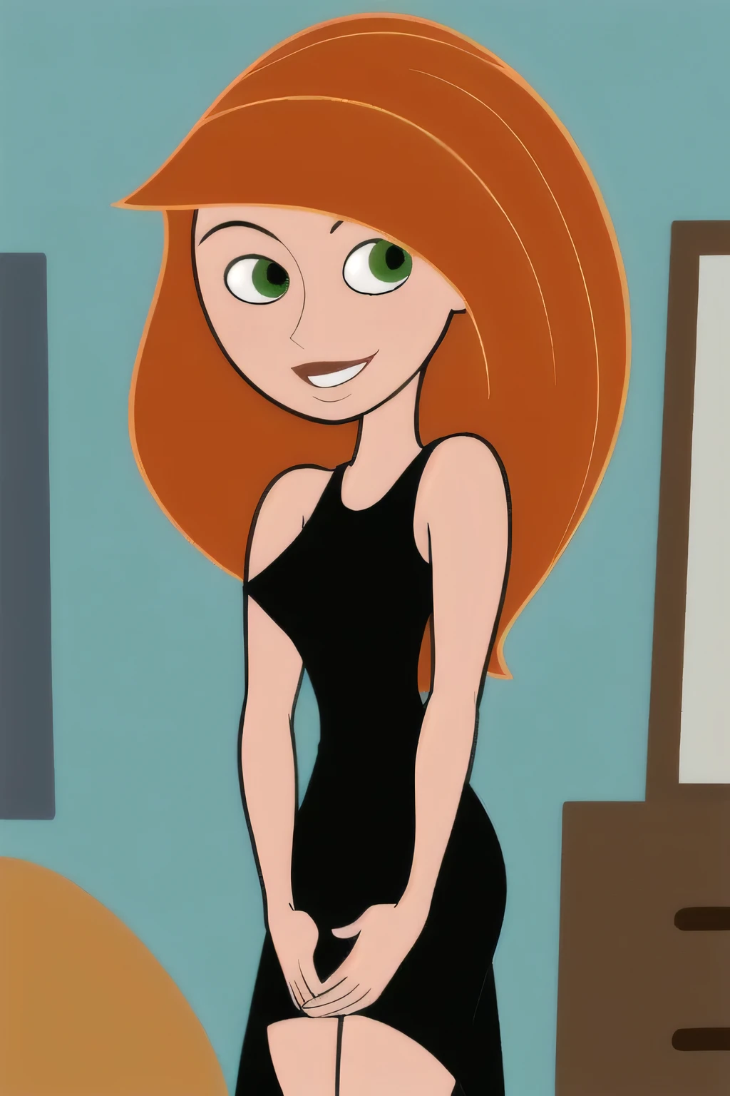 (masterpiece, best quality:1.3), 1girl, looking at viewer, kimberly ann possible, parted lips, upper body, standing, collarbone, ???? shoulders, blush, colored skin, orange hair, long hair, absurdly long hair, green eyes, ??????????????, (?????????????:1.2), black dress, loose clothes, sleeveless, smile, thighs, indoor bedroom background, night at the window