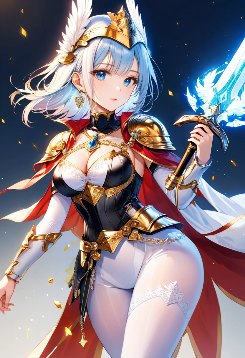 ung beautiful woman,(Highest quality,Extremely detailed depiction,Incredibly absurd high resolution,Anatomically accurate depiction,Curvy Legs),(Glowing Skin,Shiny skin),(A female swordsman with a noble air),(White breastplate,White boots,Metal embroidery,Transparent gemstones and precious metals decoration,Exquisite armor detailing,Holy sword,White Valkyrie Helmet,Cape,White tights),(Blue Eyes,Detailed pupil,Half-closed eyes:1.3,Shadowed face,lipstick,There is cleavage in the chest,Cool look),eyelash,Luxury accessories,Earrings,necklace,Bracelet,Standing posture
