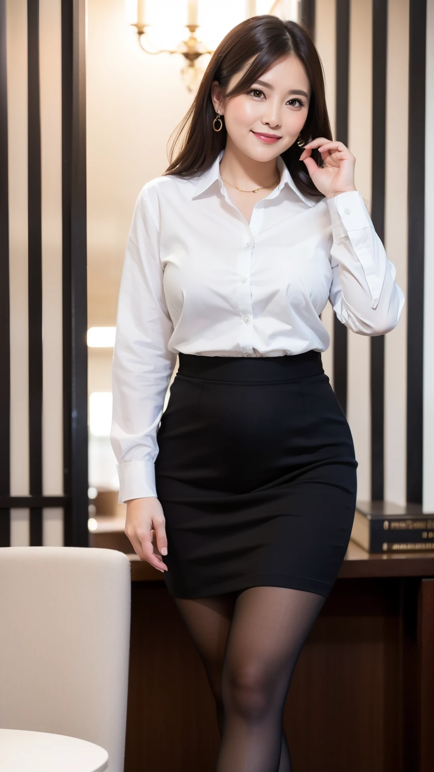 ((Highest quality, 8k, masterpiece, Portraiture: 1.3)), (Observe the audience), (Genuine、photograph:1.4), (Full Shot:0.85), Attractive mature business woman, 1 person, A little chubby:0.35,Brown Wave Semi、 White collared shirt, Grey pencil skirt, Ultra-realistic pantyhose, Pantyhose and skirt、 Hourglass body shape, (Standing in the office)), smile:0.2, president&#39;office,Good posture、(((Mature Woman))), (((56 years old)))evening、In a dimly lit office、Detailed eyes、Detailed mouth、Beautiful mature woman、

