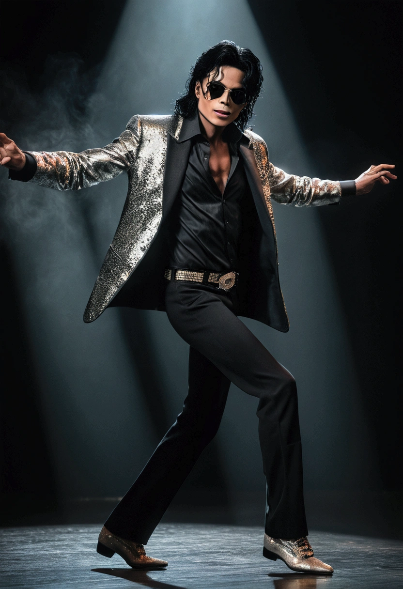 michael jackson, dancer, full body portrait, hyperrealistic, hyper detailed, 8k, (best quality, 4k, 8k, highres, masterpiece:1.2), ultra-detailed, (realistic, photorealistic, photo-realistic:1.37), dynamic pose, dramatic lighting, chiaroscuro, impeccable skin texture, mesmerizing eyes, lush hair, fluid motion, elegant gesture, vibrant colors, cinematic composition, dramatic shadows, dramatic highlights, neo-noir aesthetic, moody atmosphere