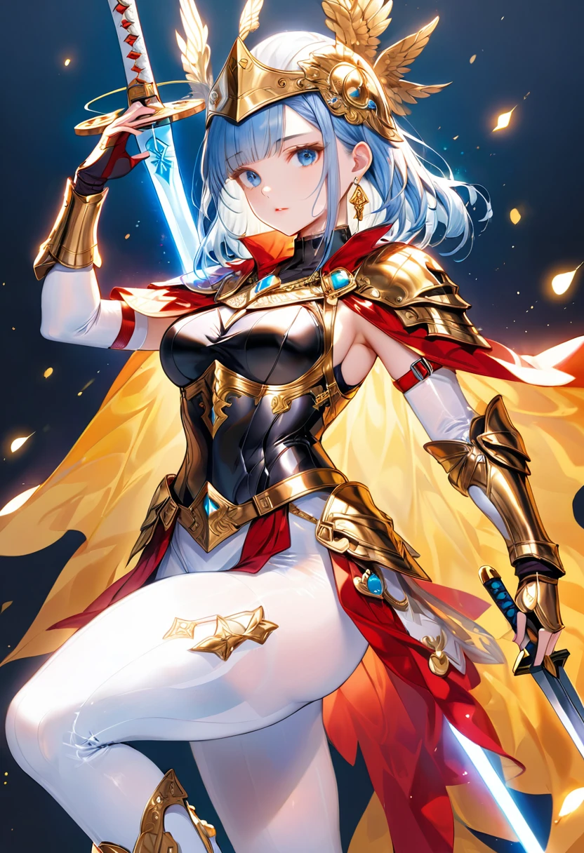 1 young beautiful woman,(Highest quality,Extremely detailed depiction,Incredibly absurd high resolution,Anatomically accurate depiction,Curvy Legs),(Glowing Skin,Shiny skin),(A female swordsman with a noble air),(White breastplate,White boots,Metal embroidery,Transparent gemstones and precious metals decoration,Exquisite armor detailing,Holy sword,White Valkyrie Helmet,Cape,White tights),(Blue Eyes,Detailed pupil,Half-closed eyes:1.3,Shadowed face,lipstick,There is cleavage in the chest,Cool look),eyelash,Luxury accessories,Earrings,necklace,Bracelet,Standing posture
