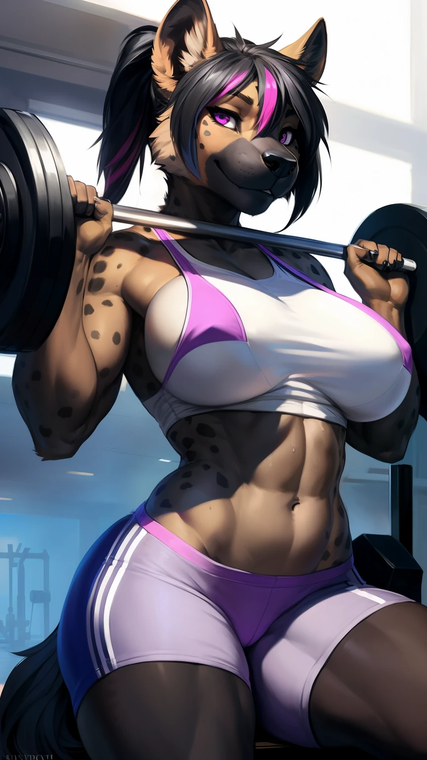 (anthro)) hyena, Ross Tran, by ruan jia, by zaush, by foxovh, by cutesexyrobutts, by cervina_7, by sligarthetiger, Best Quality, masterpiece,, Illustration, Wallpaper,1girl in, Solo, black hair,ponytail hair, hair black with highlights blue, dot piercings 3 in 2 row down her snoot, purple/pink eyes, Beautiful detailed girl, extremely detailed eye and face, black dragon tattoo on her arm, Beautiful detailed eyes, natural_Lighting, Looking at Viewer, Thick_thighs, big ass, tall, hourglass figure, fit body, muscles, sweaty body, female, cute, wearing gym cloths, in gym, bench pressing, lifting bar with weights, view from top to bottom , large breasts, natural breasts, tail, tall, happy expresion, wide hips thin waist, 8k