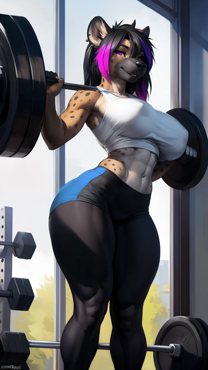 (anthro)) hyena, Ross Tran, by ruan jia, by zaush, by foxovh, by cutesexyrobutts, by cervina_7, by sligarthetiger, Best Quality, masterpiece,, Illustration, Wallpaper,1girl in, Solo, black hair,ponytail hair, hair black with highlights blue, dot piercings 3 in 2 row down her snoot, purple/pink eyes, Beautiful detailed girl, extremely detailed eye and face, black dragon tattoo on her arm, Beautiful detailed eyes, natural_Lighting, Looking at Viewer, Thick_thighs, big ass, tall, hourglass figure, fit body, muscles, sweaty body, female, cute, wearing gym cloths, in gym, bench pressing, lifting bar with weights, view from top to bottom , large breasts, natural breasts, tail, tall, happy expresion, wide hips thin waist, 8k