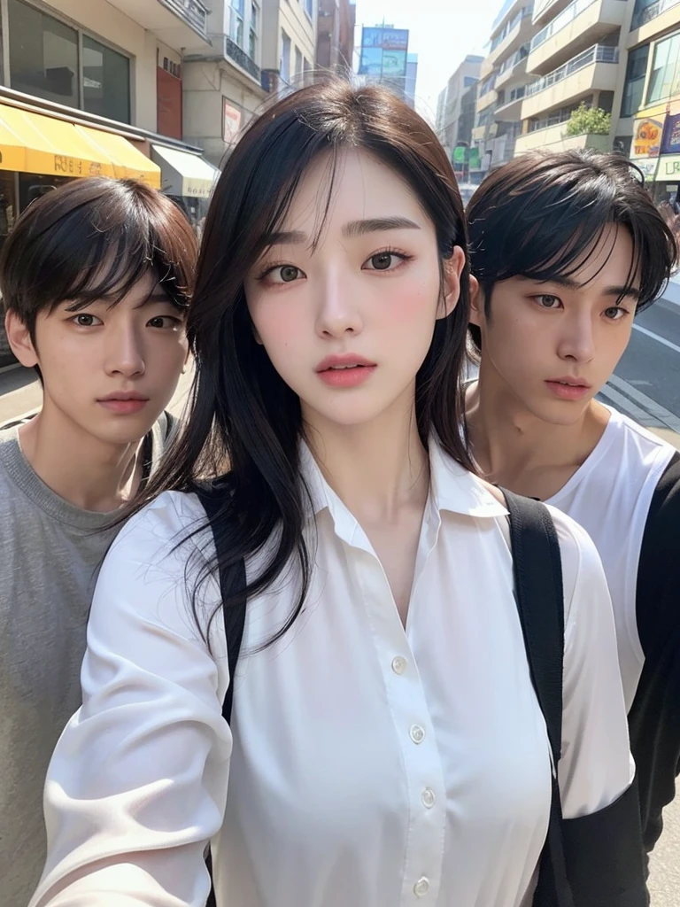 Men selfie walking on the street in the morning, Korean handsome man 20-year-old Korean man with pale skin, small facial structure, defined jawline, prominently full lips, intense black eyes, distinguished bangs covering the forehead, noticeably broad shoulders, showcasing his athletic build, reminiscent of Jungkook wearing a white blouse, sun reflecting brightly on her face
