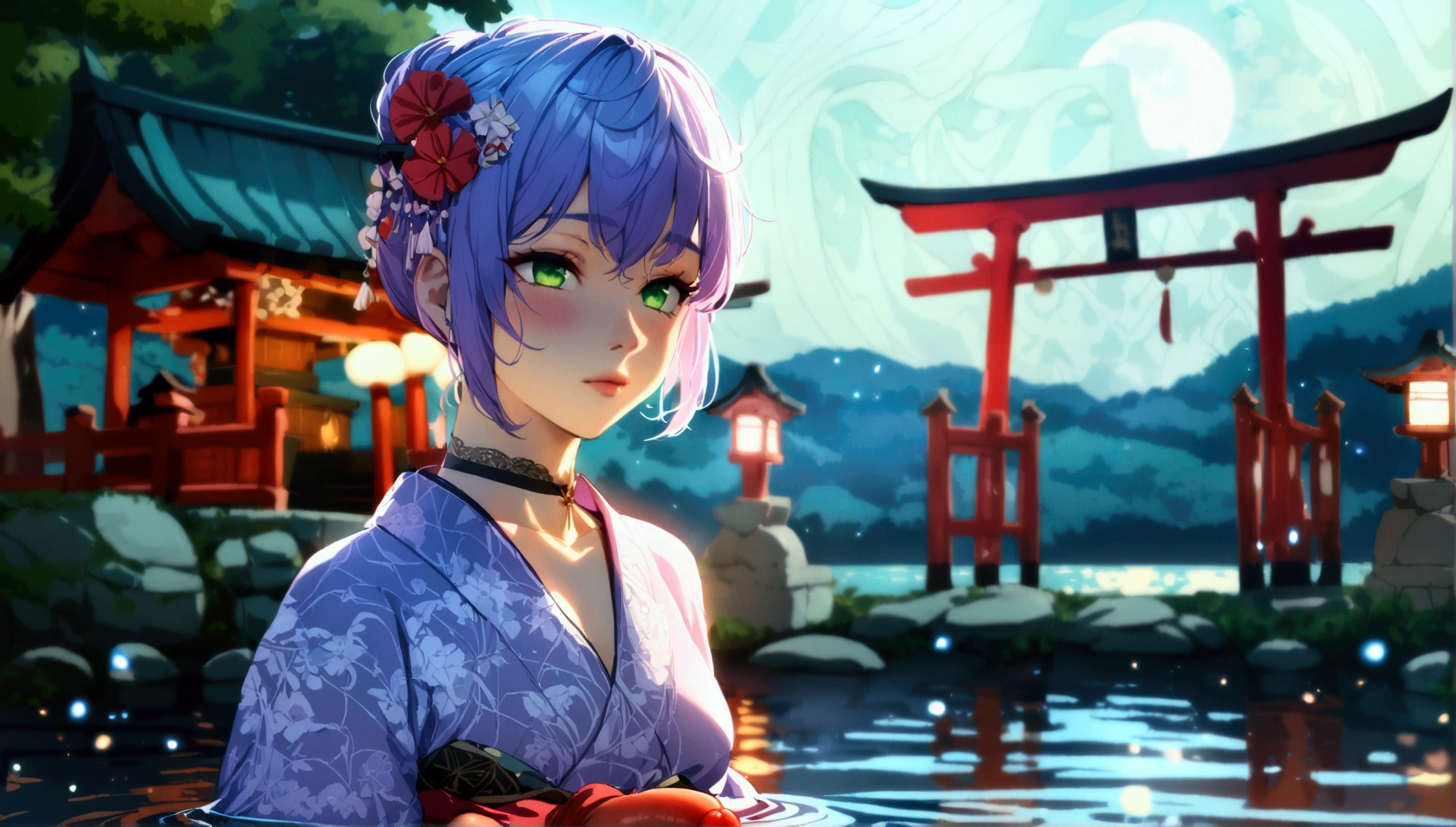 1 futanari, violet hair, green eyes, small penis, foreskin, medium testicles, red scrotum, violet kimono, lake water, evening, shrine gate, full moon,