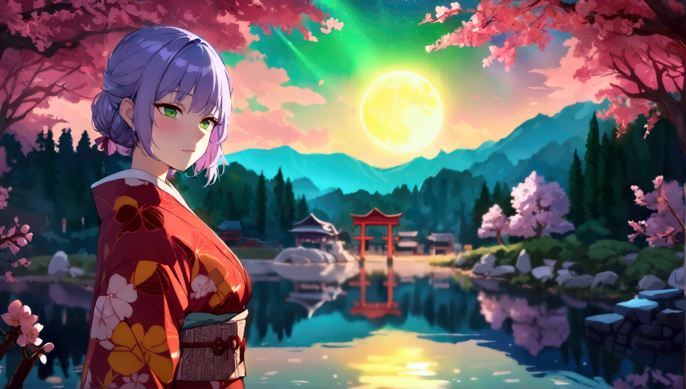 1 futanari, violet hair, green eyes, small penis, foreskin, medium testicles, red scrotum, violet kimono, lake water, evening, shrine gate, full moon,