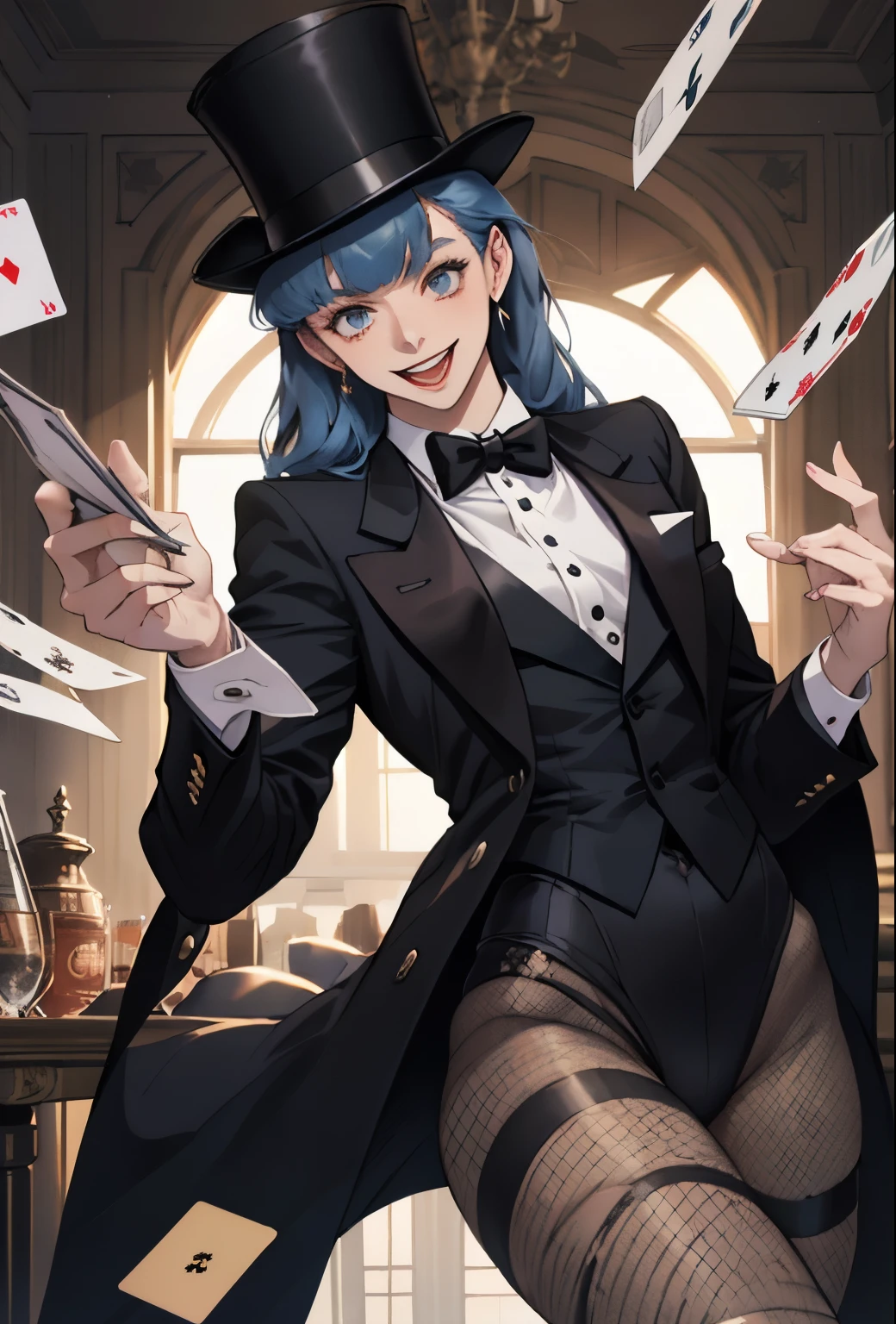 Beautiful female magician, 16 years old, Trump, Long Hair, bangs, Laugh brightly, Wearing a small top hat, Wearing a blue bunny suit, Wearing a long-tailed tuxedo, Wearing black pantyhose, Cards were flying everywhere.,High leg and fishnet stockings,