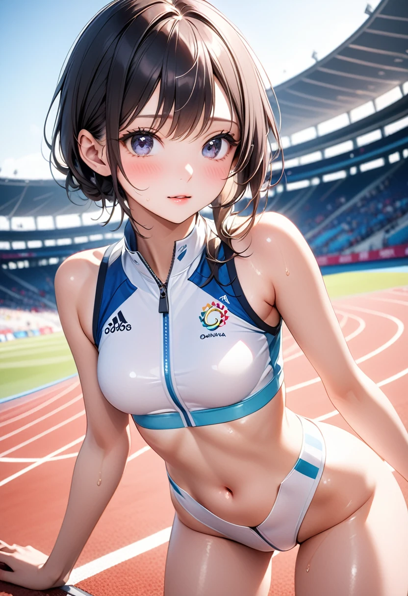 Women's Olympians,(((Player uniforms), (Shiny costumes))), belly button, skindentation, skinny, alone, 1 female, masterpiece, Highest quality, Highest quality, 16K, Unbelievably absurd, Very detailed, 2.5D, AI-generated, delicate and dynamic, Very delicate look, Delicate eye depiction, erotic, only sexy woman, ((Cute and gentle face)), Healthy body shape, ((25-year-old woman)), Height: 160cm, Medium firmness and swaying bust, blush, Sweat,Embarrassing,sexy, ((Thin thighs)), (Camel Toe:0.7), (Nipples are visible:0.3), (Erect nipples,:0.7), Shiny, Facing directly at the viewer, (((In the heat))), ((Oily_skin)), ((Dutch Angle)), ((erotic pose)), ((Wankeen)), Athletics stadium and Olympic venue on a sunny day,