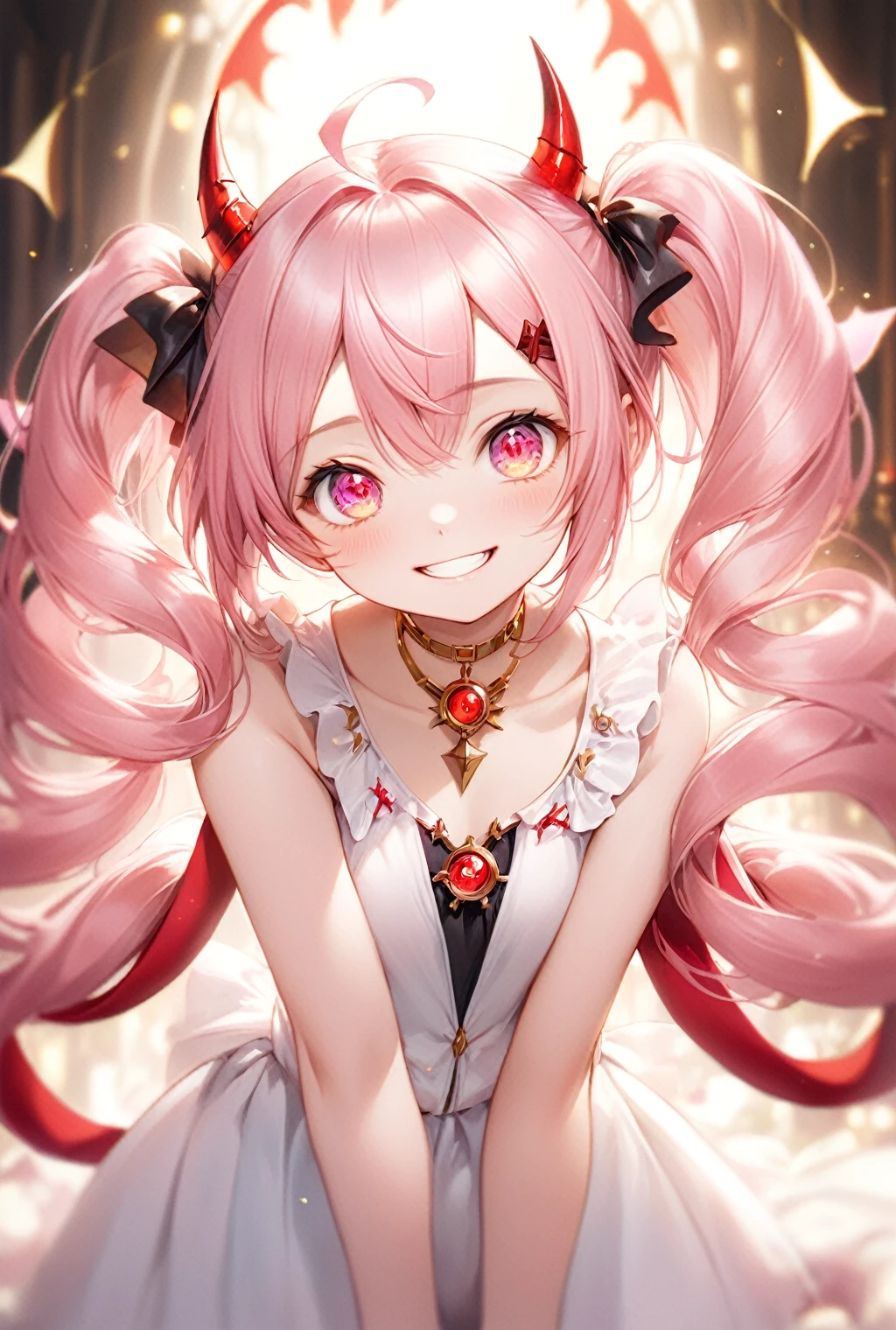 (Highest quality, 8k, 32K, masterpiece, Ultra-high resolution,:1.2),born, One girl,Super cute , Natural light,Clear, shining eyes, 20-year-old ,Fair skin, An innocent smile, Electronic world fantasy background, ,Girl with pink hair, Slanted Eyes, , An innocent smile, Grin, devil, devilの輪, devilの羽根,Twin tails