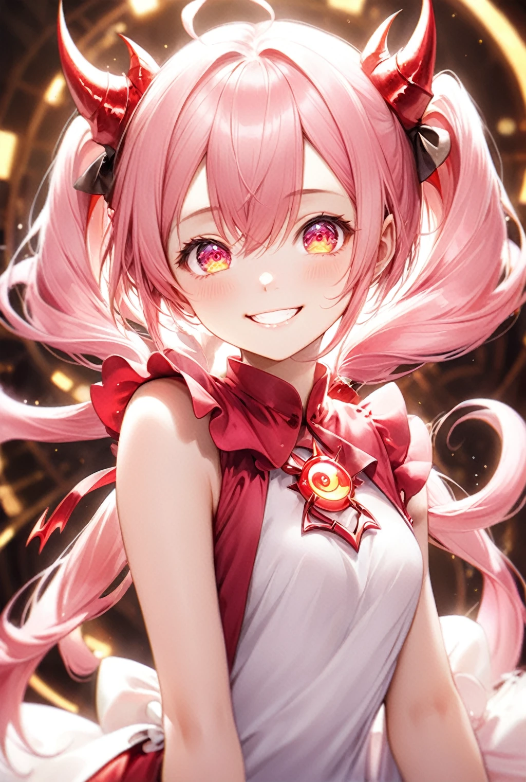 (Highest quality, 8k, 32K, masterpiece, Ultra-high resolution,:1.2),born, One girl,Super cute , Natural light,Clear, shining eyes, 20-year-old ,Fair skin, An innocent smile, Electronic world fantasy background, ,Girl with pink hair, Slanted Eyes, , An innocent smile, Grin, devil, devilの輪, devilの羽根,Twin tails