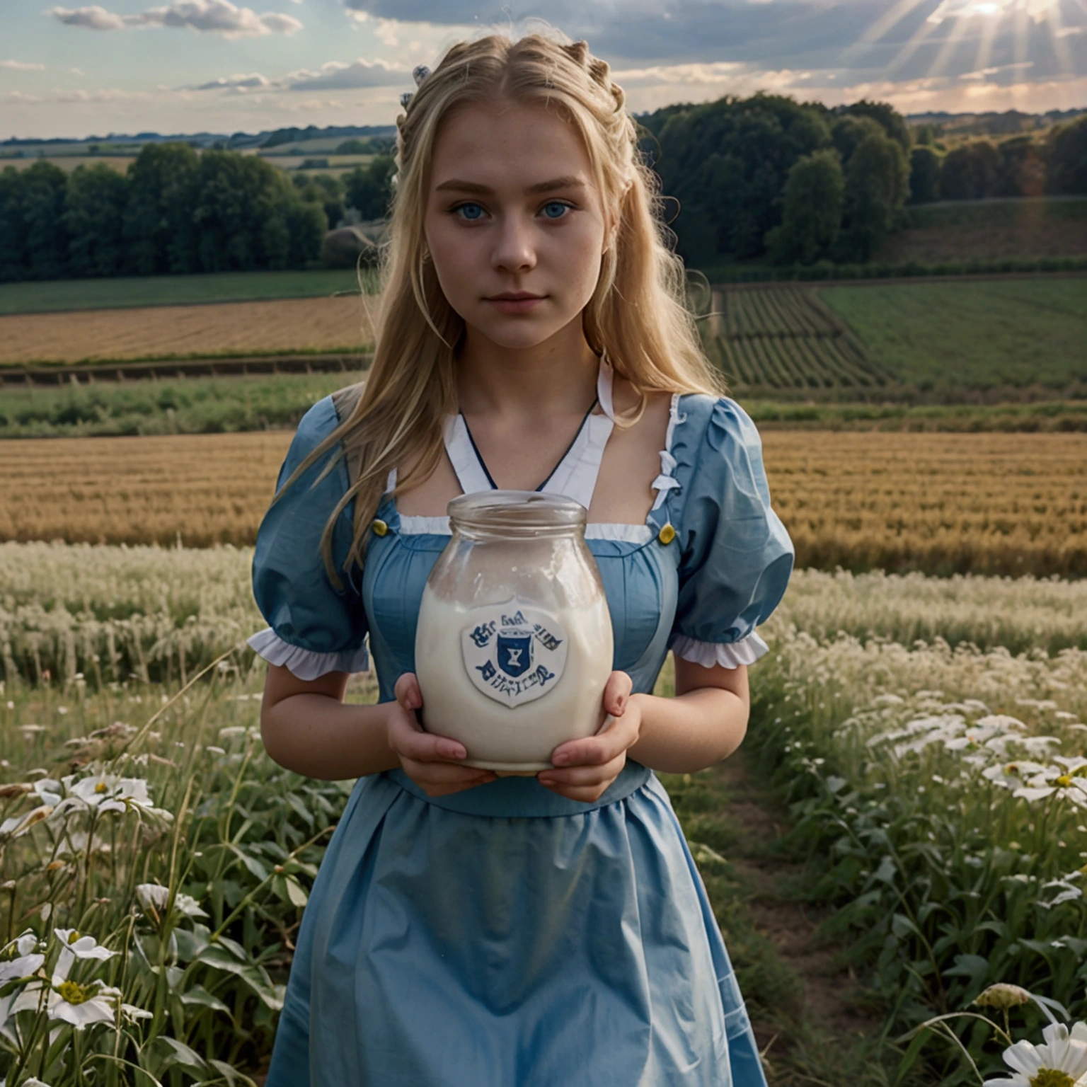 19 year old girl, blonde hair and blue eyes, wearing a German dirndl, carrying milk in a field