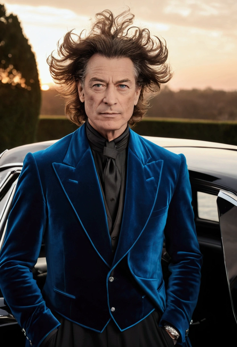 corps entier, photo grand angle portrait en gros plan du corps d'un bel homme , Grand et en forme, (40 ans:1.1), (rasé:1.2) , (cheveux bruns mi long et un peu bouclés:1.5),(cheveux très courts:1.6). (Costume moulant en velours bleu foncé:1.3). (posant devant le manoir avec une voiture de luxe:1.1),coucher de soleil froid et sombre au crépuscule, (lumière de bord:1.1),(Concentrez-vous sur les yeux), (Regard fier), (lumière dure sur la peau:1.2), (ombres dures, thème sombre, Contraste profond:1.1), (photographie de portrait par Annie Liebovitz), Thème menthe foncée et esthétique chorale, (imperfections cutanées)