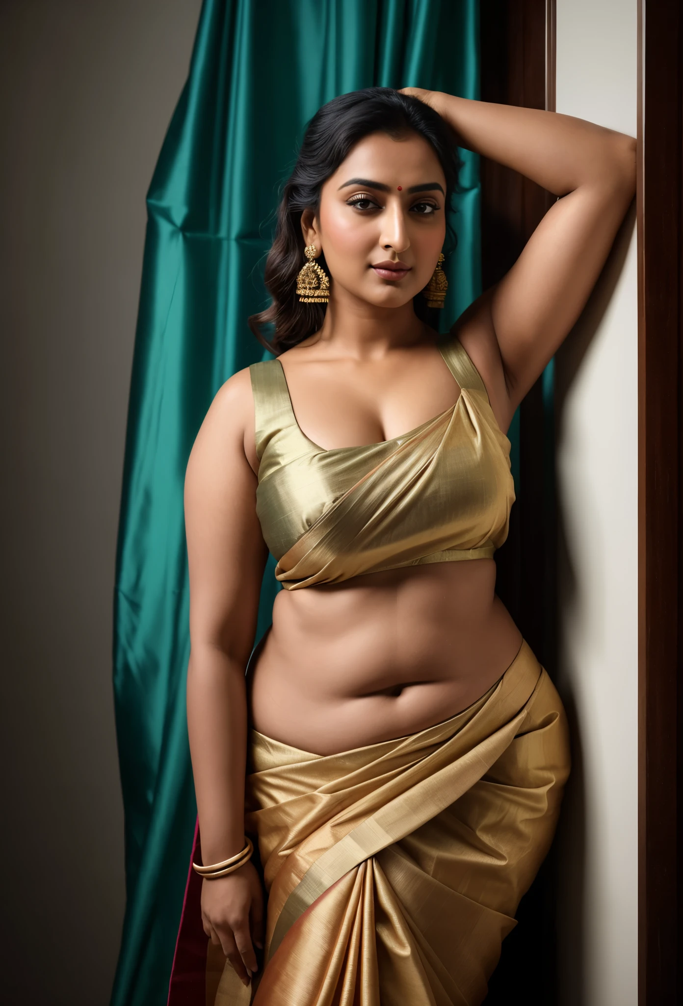 Foto RAW, photorealistic, photography, full body shot, master shot, perfect eyes, goddess like beauty, pierced eyes, perfect thick chubby mallu Desi aunty bhabhi, Wearing a Stanapatta, a chest-band.Saree model, model Photography, Indian saree shoot, Indian traditional wear advertising photography, traditional wear brand shoot, face of Indian actress Sonakshi Sinha, masterpiece, realistic, realism, incredible details,  pleasure, photorealism, detailed skin, skin pores, high contrast, photorealistic Artstation 8k HD digital art trend of high definition and detailed realistic skin texture, ultra detail, realistic skin texture, armature, best quality, ultra high definition, (photorealistic:1.4),, high resolution, detail, raw photo, sweat, Re sharp, by Lee Jefferies Nikon D850 Film Stock Photo 4 Kodak Portra 400 Camera F1.6 Lens Rich Color Ultra Real Realistic Realistic Textures Dramatic Lighting Unreal Engine Trending at Art Station Cinestill 800,(pele altamente detalhada: 1.2), 8k UHD, DSLR, soft-lighting, alta qualidade, grain of film, Fujifilm XT3,she didn't like to wear blouse or bra, she is happy to wear only saree, she hates blouse or bra, detailed hairy armpits, beautiful juicy thick and fleshy belly, low waist saree, curvy, hyper realistic skin, skin pores, sweat, veins, 