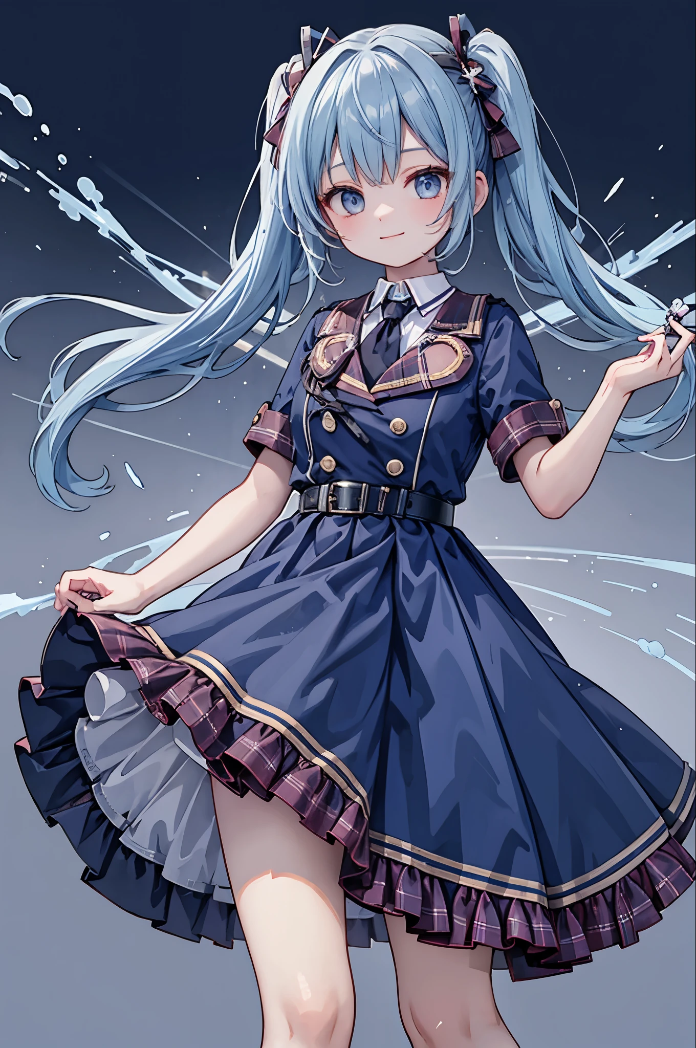 high resolution,smile,woman,woman1人,adult,cute, Twin tails, Light blue hair,BREAK, Light blue eyes,BREAK,Idol Uniform,BREAK,Facing forward,BREAK,Light blue background,