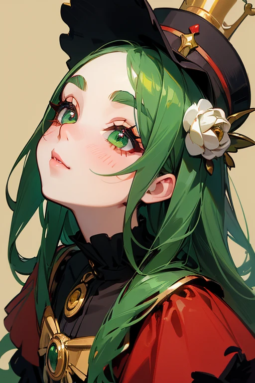 (Highest quality, masterpiece:1.2), High resolution, Very detailed, Realistic:1.37, Fantasy, An illustration, Green Eyes、Queen, Red and green swimsuit、Platinum decoration、beautifully、Eyeshadow Red、Thick eyebrows、Long eyelashes、pupils are black、Her hair is dark green、Gold crown、Kissing Face、Embarrassing、Beloved by the crowd、Hair is green、Braiding、hair ornaments、Laugh gently、From the waist up、((Gothic Lolita)).(Looking up)、