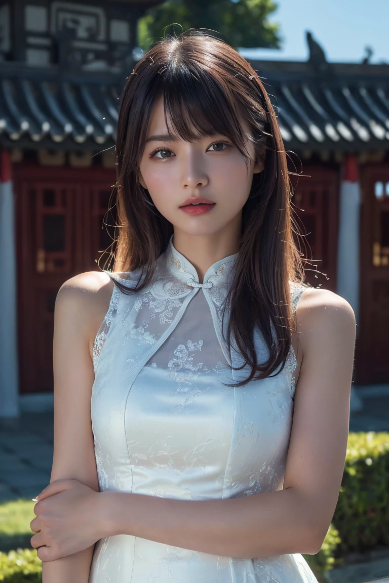 (Highest quality:1.4),(masterpiece:1.4),(Realistic:1.4),(Realistic:1.2),(超High resolution, RAW Photos:1.4),(High resolution, Very detailed:1.2),(8k:1.2),Movie Photos,a photo of a dark-haired,One Girl,alone,wear ,((China dress))、((Upper Body:1.3))
