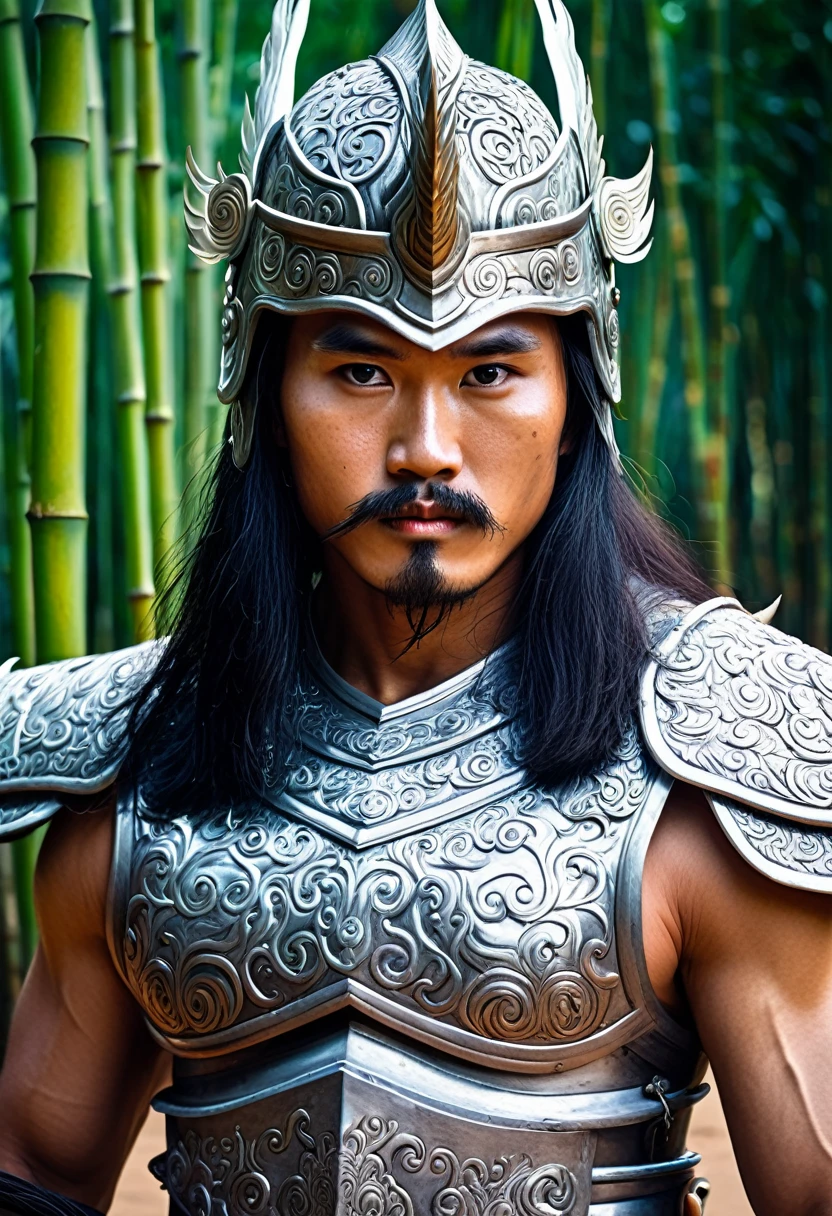 Panoramic photo of the Immortal God of War in Vietnamese mythology - Saint Giong - 18 years old. Saint Giong is a giant, majestic and imposing, with rippling muscles, bright eyes, long hair, goatee and wearing a shiny iron armor, a strong iron helmet. Holding a cluster of old ivory bamboo like a cluster of violent weapons. Riding an iron horse. An invincible warrior, ((horse flying to the sky pose))