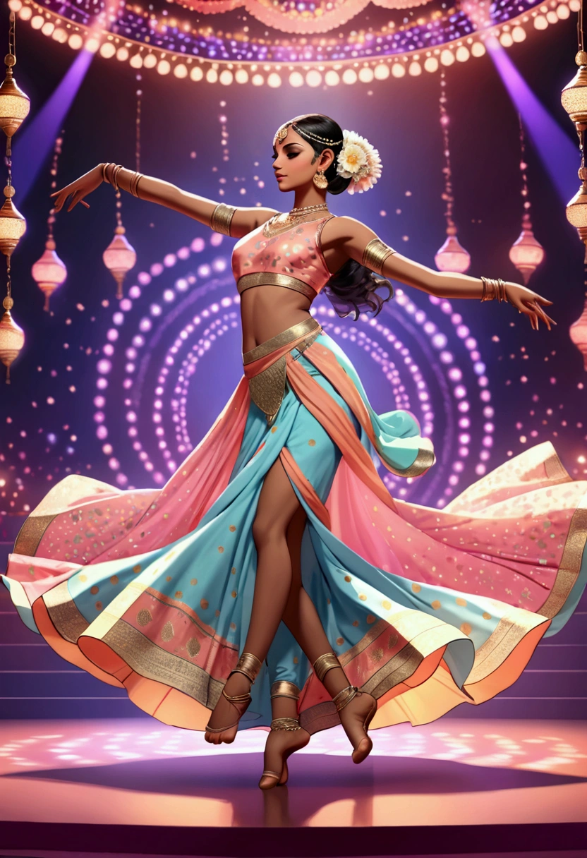 ((Inspired by Imeon Solomon)),India(1 Dancer:1.3), Floating clothes, Charming pose, stage, Pastel colors,Bright Lights, (Extremely detailed CG 8k wallpaper), (masterpiece), best quality