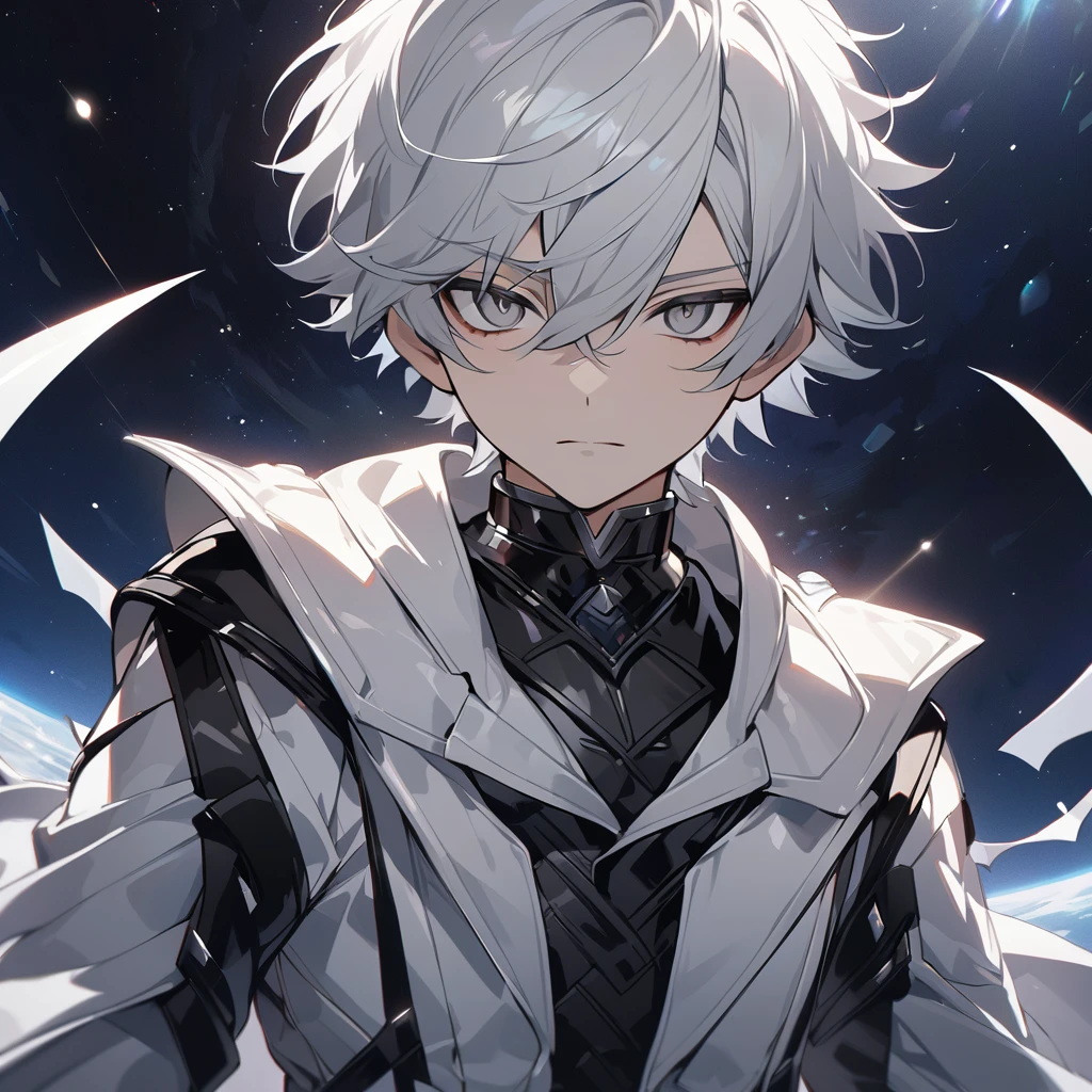 High quality, HD, 4k, no shadows, handsome male, 1male, 17 years old, teenager, short white hair, silver hair, white hair, sharp eyes, grey colored eyes, deep grey eyes, grey eyes, devil may cry, close up, calm expression, stoic expression, black leather clothes, white leather clothing, lean body, well trained body, upper body, looking at viewer, cowboy shot, white solar, space background
