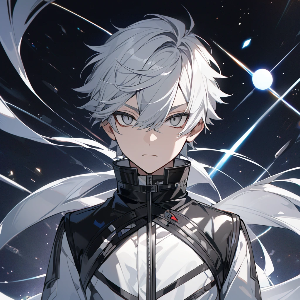 High quality, HD, 4k, no shadows, handsome male, 1male, 17 years old, teenager, short white hair, silver hair, white hair, sharp eyes, grey colored eyes, deep grey eyes, grey eyes, devil may cry, close up, calm expression, stoic expression, black leather clothes, white leather clothing, lean body, well trained body, upper body, looking at viewer, cowboy shot, white solar, space background