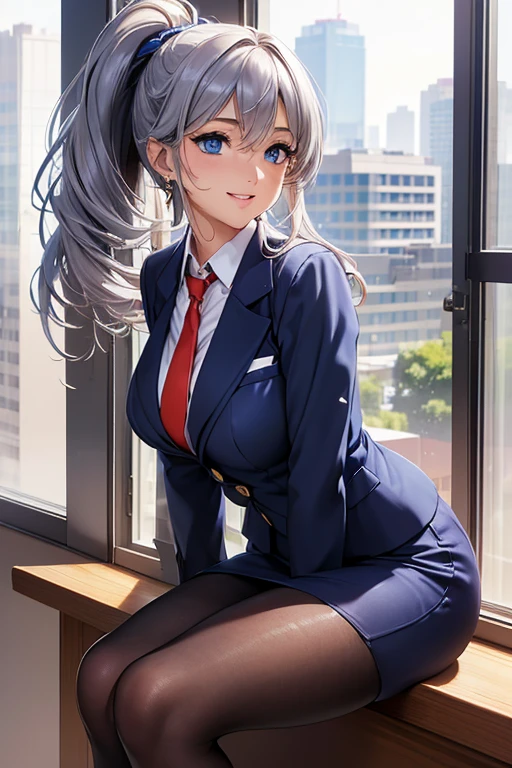#Basics A girl is posing for a photo, animeのcute女の子, ((One Girl)), (((Baby Face:1.6)) + ((cute:1.5)) + ((15 years old))),
break
#Clothing Accessories
((Blue Business Suit : White dress shirt + Red tie + Blue suit vest + Blue suit jacket + Black pencil skirt + Low denier black pantyhose), Black high heels),
((Gold hoop earrings) + (Silver Necklace)),
break
#Features
(((Silver Hair)), ((Curly side hair)), ((ponytail) : Long Hair + Fuller Hair + Voluminous Hair + Curly Hair)),
((Droopy eyes:1.4, Big eyes:1.2), blue eyes), (Small breasts),
break
#background environment
((noon + Sunshine + Beautiful modern office building + conference room + Office building seen from the window)),
#Facial Expression Pose
((smile:1.4)), ((Sit at a desk + (Hold your knees with both hands))),
#composition
((Face the camera, (Focus from the side), Cowboy Shot)),
break
#Body parts elements
(Slim figure),
(Detailed Hair, Beautiful Hair, Shiny Hair),
(double eyelid, Long eyelashes),
(Expression of fine eyes, Beautiful and delicate eyes, Sparkling eyes, Eye Reflexes, Glitter Eyeliner),
(Human Ear),
(Beautiful Nose, Thin Nose),
(Glossy Lips, Beautiful Lips, Thick lips), (Symmetrical facial features),
(Detailed skin, Textured skin, Beautiful Skin, Oily skin),
break
#Quality Image Quality Common
(((Highest quality)), ((masterpiece)), ((Very detailed))), ((Ultra-high resolution)), ((16K, 1080P)), ((Full HD)),
(Anatomically correct), (Realistic), (3DCG), (oil), (Detailed cloth texture),
#High quality images and illustrations
((comics, anime)), CG illustration,