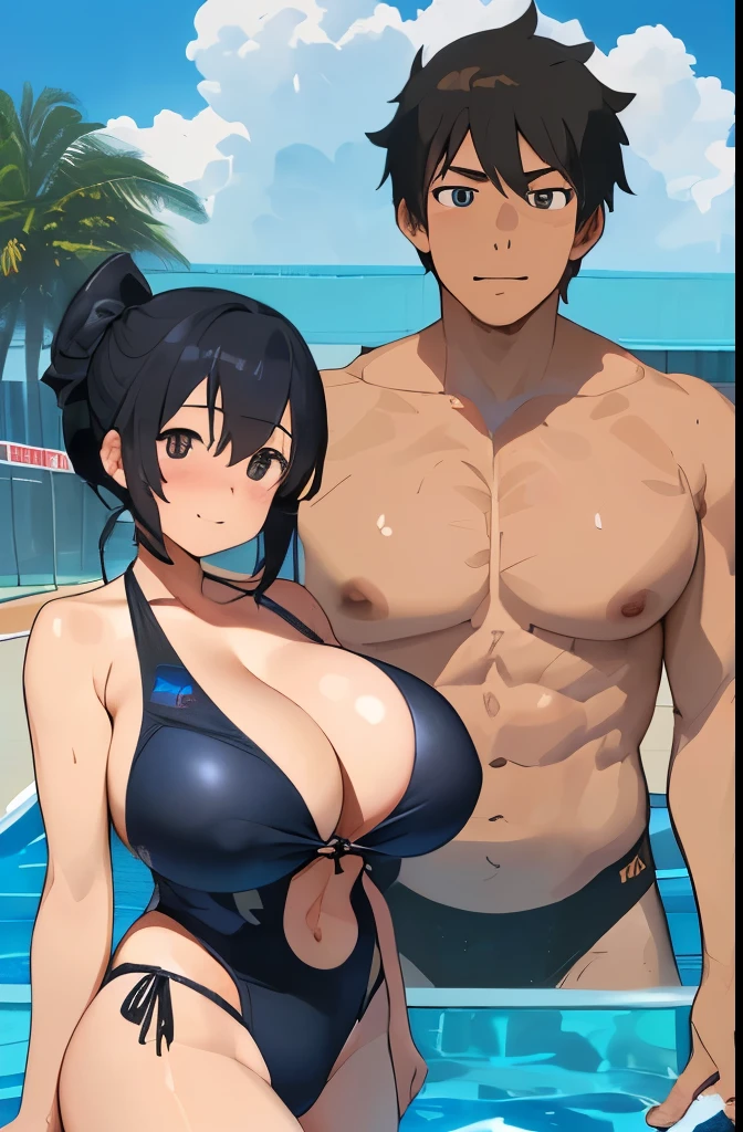 ((Backwards:2.0)),(18-year-old:2.0), ((coastal:1.5)),(((1 man & 1girl is lined up:2.0))),((A woman with huge breasts is wearing a high-cut swimsuit:2.0)),(Huge breasts:2.0),((1. The man is shirtless.:2.0)),(Smiling Beam:1.5), Two people,Highest quality, 4K, masterpiece, Very detailedな, Studio Lighting, Hilarious, Vivid expression,super high quality, Very detailed,Perfect photo,3d,8k,High resolution,Black Hair,(black eye:1.5),Sporty hairstyles,Smooth anime CG art, Cartoon characters posing next to a pool with a man and a woman, tits proportions, tits, Wearing a swimsuit, Artgerm and Genzoman, Renji Murata and Artgerm, Makoto Shinkai and Artgelm, Muscular!, sfw version, Muscular!!, sakimichan and frank franzzeta