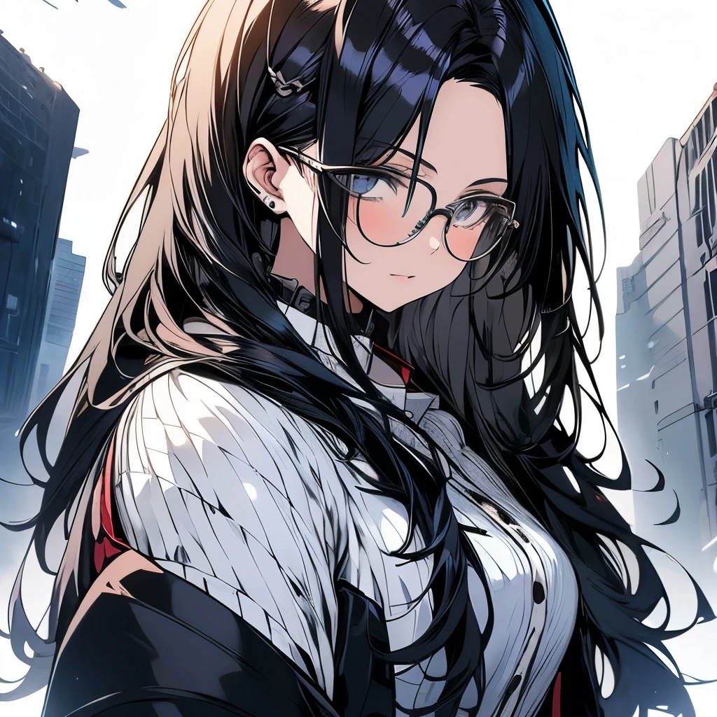 anime girl Wearing glasses and a white shirt in a city, Long wavy black hair and glasses, Long Hair Anime Girl, Detailed Anime Character Art, Wearing glasses, Female Anime Characters, Detailed portrait of an anime girl, Beautiful anime portraits, Official character art, Digital anime illustration, Anime style portrait, Realistic anime art style, Detailed digital anime art