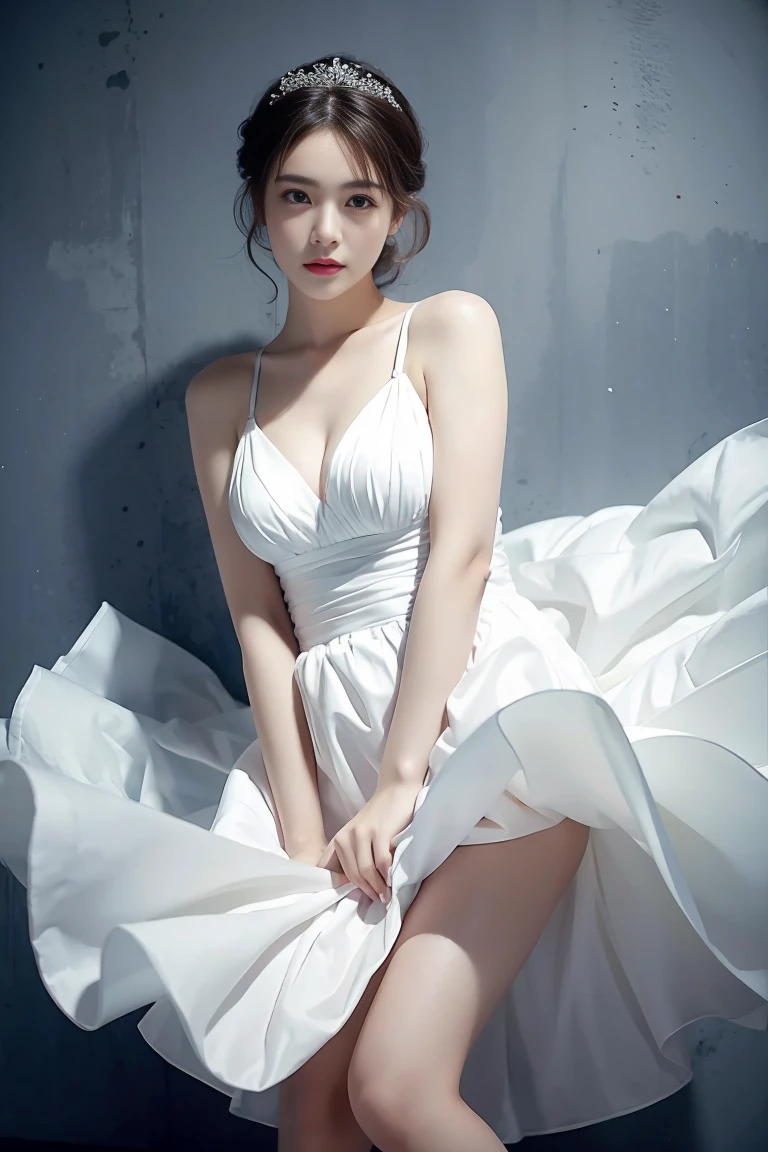 (masterpiece), (Highest quality), photograph, One girl, White Dress, marilyntug, Pulling on the dress