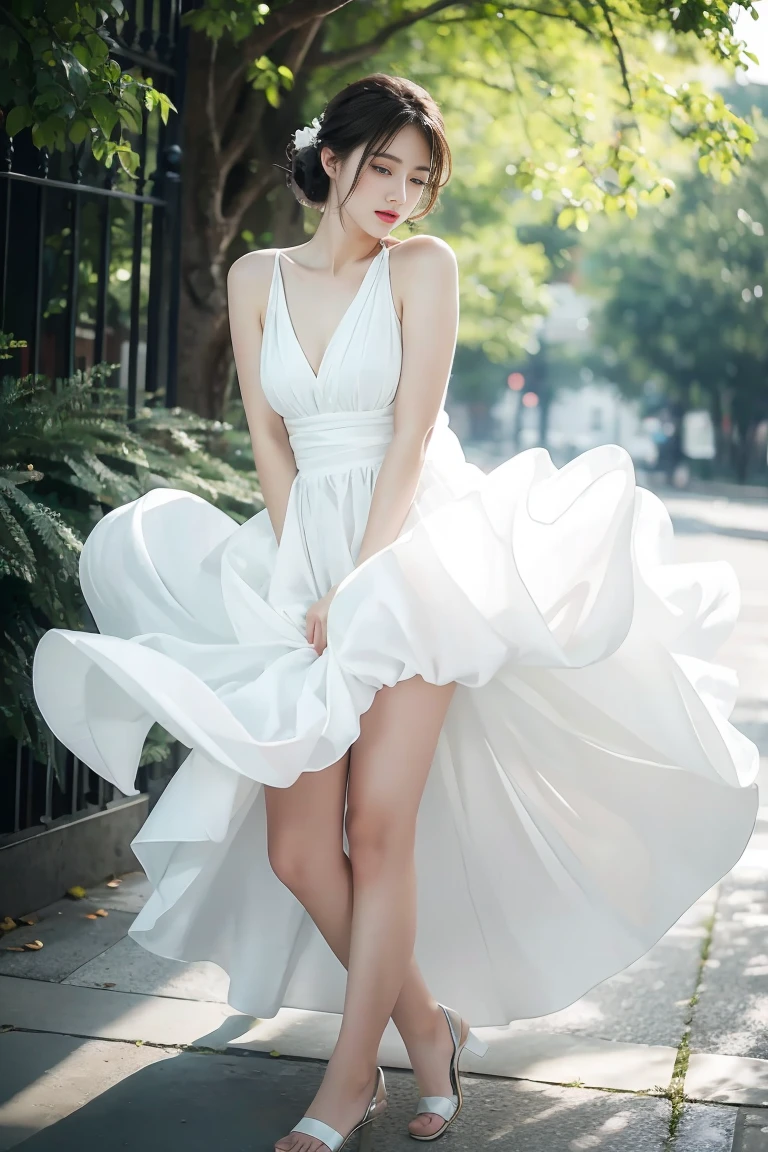 (masterpiece), (Highest quality), photograph, One girl, White Dress, marilyntug, Pulling on the dress