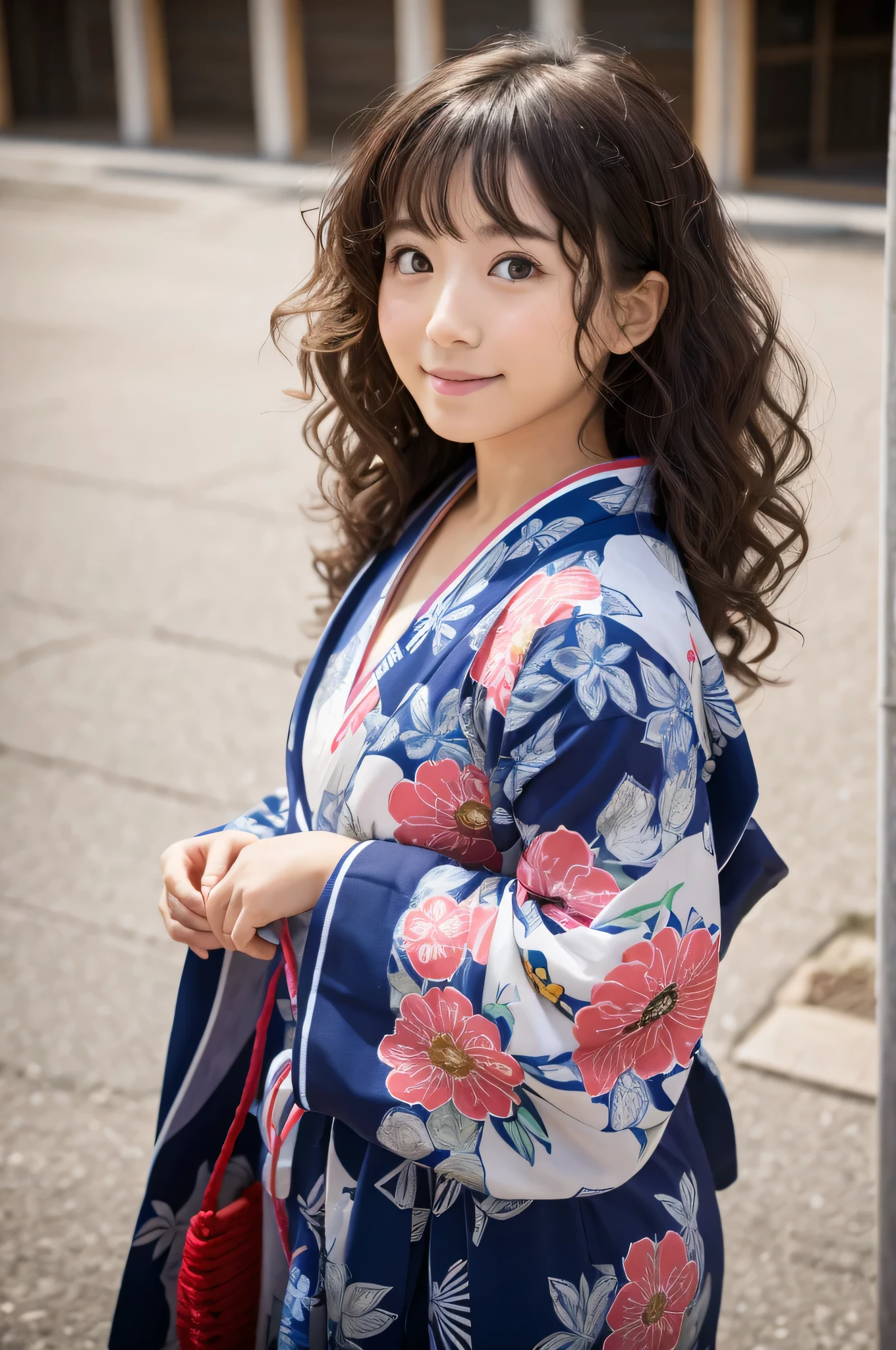 Japanese whole body Curly Hair cute RAW photograph yukata Real geta Whitening older sister looking at the camera Looking up