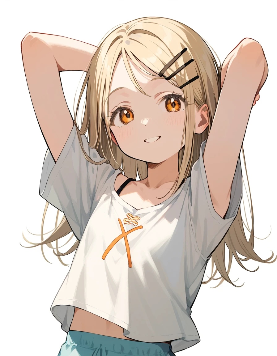 shinosawa hiro,slender,orange eyes,blonde hair,long hair,hairclip,white background,flat chest BREAK  taut clothes,smile,look at viewer,arms up