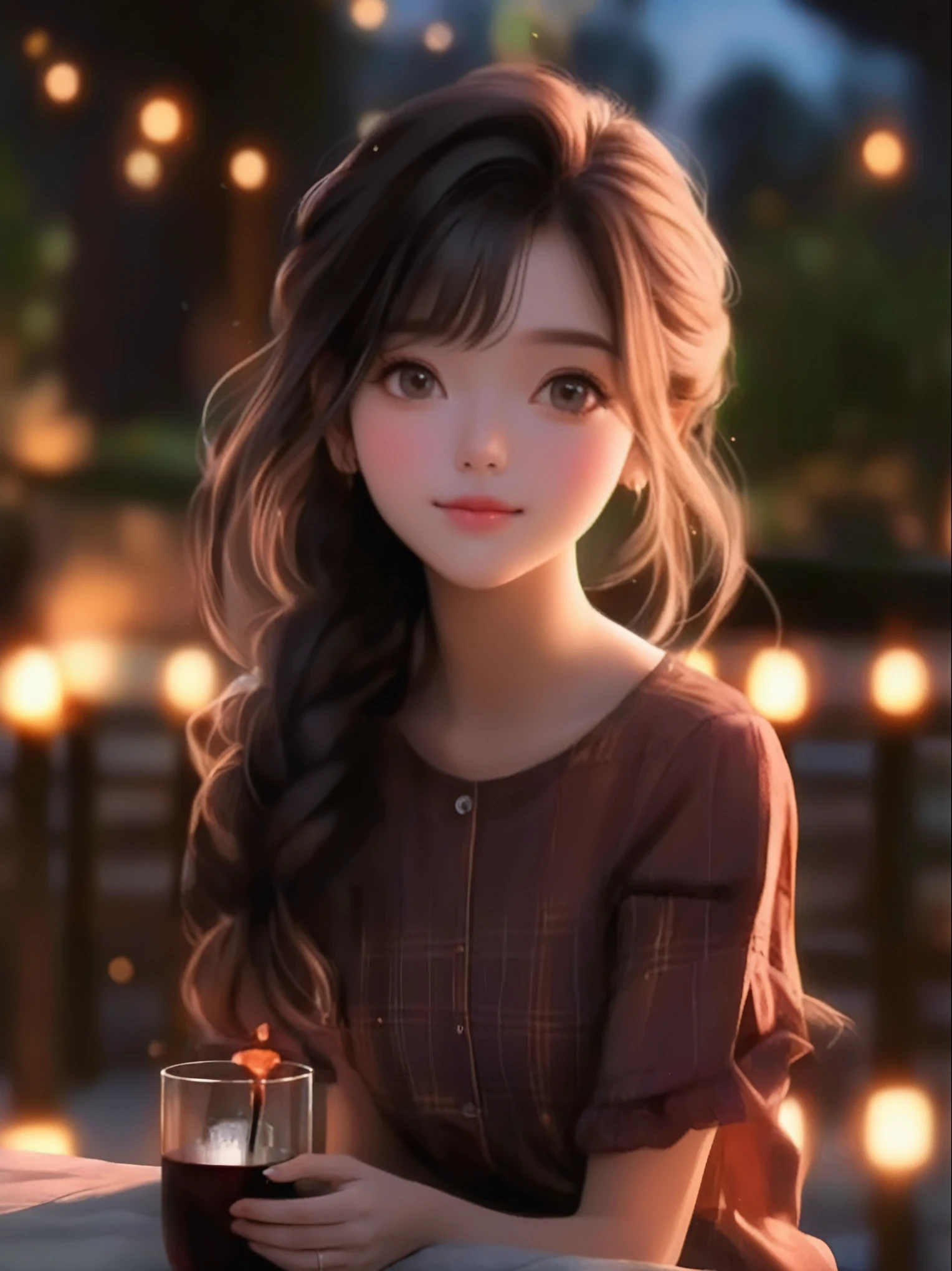 A long-haired girl sitting at the table，A glass of wine in his hand, Lovely portrait, Realistic cute girl, 8K Artgerm bokeh, Cute digital art, Kawaii realistic portrait, Lovely and detailed digital art, portrait cute fine face, Soft portrait shots 8 k, Cute anime girl portrait, Portrait Anime Girl, Cute anime girl, Beautiful anime girl