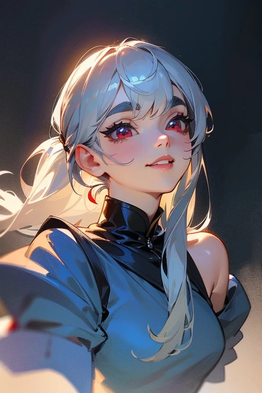 (Highest quality, masterpiece:1.2), High resolution, 最高masterpiece、Very detailed, Realistic:1.37, Fantasy, An illustration,Gray Hair、 Red eyes、Queen, Navy and blue dress、beautifully、Eyeshadow Red、Thick eyebrows、Long eyelashes、pupils are black、shiny on the lips、Top Sites、Queen、Princess、A kind smile、Show your teeth a little and smile、Soft impression、people々々々々々々々々々Loved by、Slimming the face、Shoulder Bare、ponytail、Kissing Face、Long white hair、Shaggy Bangs、Save face image、Cinderella Castle、(solo).(Looking up)、
