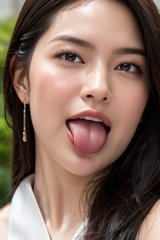 1 girl、debris flies、、award winning photos、very detailed、big double eyelids、nose、the focus is on the mouth、close up of face focus））、woman with open mouth and closed eyes、18-year-old、black hair、wrinkled eyes：1.1、symmetrical face、リアルなnose孔の角度、細長いC型のnose孔、、、、、NSFW、sweaty skin、汗でshiny skinを強調する照明、((sharp nose))汗でshiny skin、shiny skin、sweaty hair、look up at the audience、(wrinkles between eyebrows))( On the tongue)Lighting that does not cast shadows on your face、from below、garden、long tongue、bun hair、((A painful look))（Face enduring severe pain)