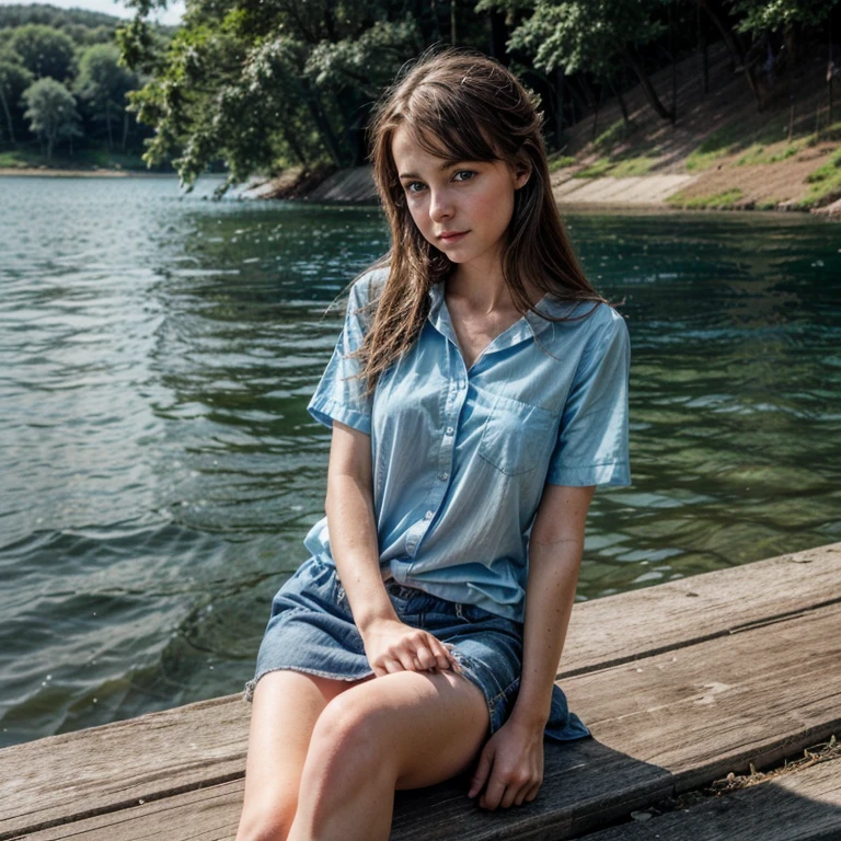 Girl with blue eyes on the shore of the lake, sitting on the pier