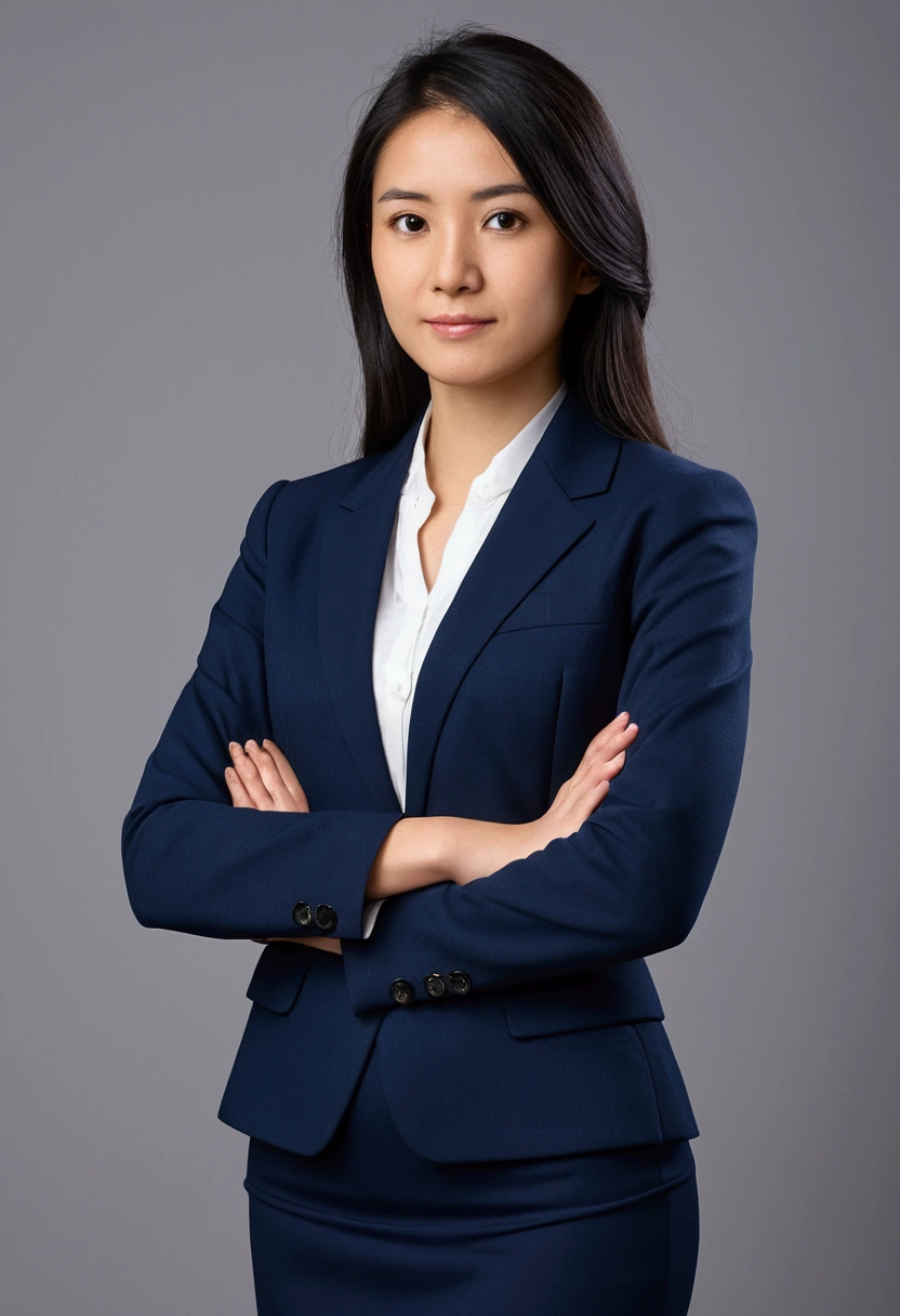 Professional image of a 25-year-old working woman, Wear a navy blue business casual suit and hip wrap skirt, Professional profile photo, posing with crossed arms, professional picture, professional profile picture, photograph of a woman, Business woman, lecturer, Black hair, Slim body, 8K high-definition