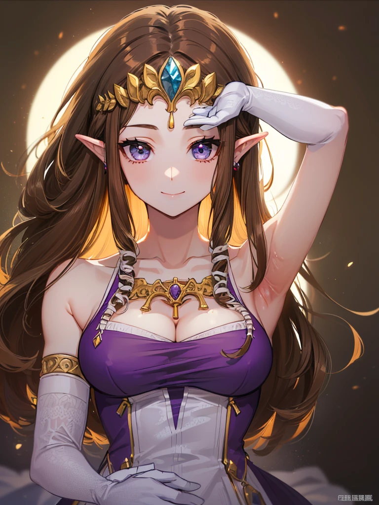 (((Face close-up))),(((No background))),(Expressionless),(((Show your armpits)))))),((Upper Body)),((alone)),(())),Anime art style,masterpiece,(Highest quality), (Super detailed),(Very delicate and beautiful),(alone),(detailedな顔と目),Beautiful eyes like jewels,(A truly gorgeous jeweled ruffled rococo ball gown dress),(((Mature Woman,Queen))),((1 Queen in a beautiful embroidery and jeweled absolutely gorgeous rococo ballgown dress with voluminous full length hoop skirt)),((crinoline)),,((Straight hair galore,Very long straight hair with plenty of volume,Super long straight hair)),,Cleavage,(bed),length_gloves,Very gorgeous hair accessories、((((front)))),((((Adult Expressions)))),((((Beautiful Face)))),((((dress)))),(()),(((Long Hair)))),((((Straight hair)))),((Cleavage)),((((Dark brown hair)))),Princess Zelda,((chest is slightly exposed)), ((Highest quality)),,(Very detailed) ,((Purple Blouse)),(((Raking up hair with one hand))),Brown Hair,(()),, ((Highest quality)), (Very detailed),((detailed)),(((smile))),Nintendo, The Legend of Zelda),,((alone)), ((Highest quality)), (Very detailed), ,