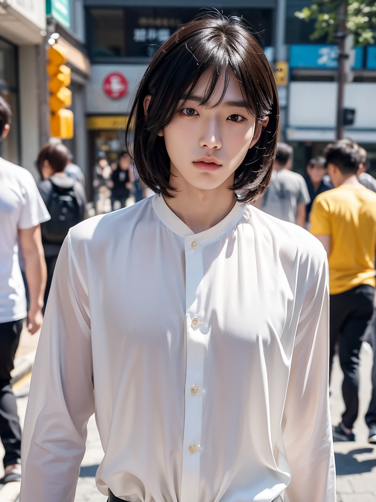 Men alone selfie walking on the street in the morning, Korean handsome man 20-year-old Korean man with pale skin, small facial structure, defined jawline, prominently full lips, intense black eyes, distinguished bangs covering the forehead, noticeably broad shoulders, showcasing his athletic build, reminiscent of Jungkook wearing a white blouse, sun reflecting brightly on her face